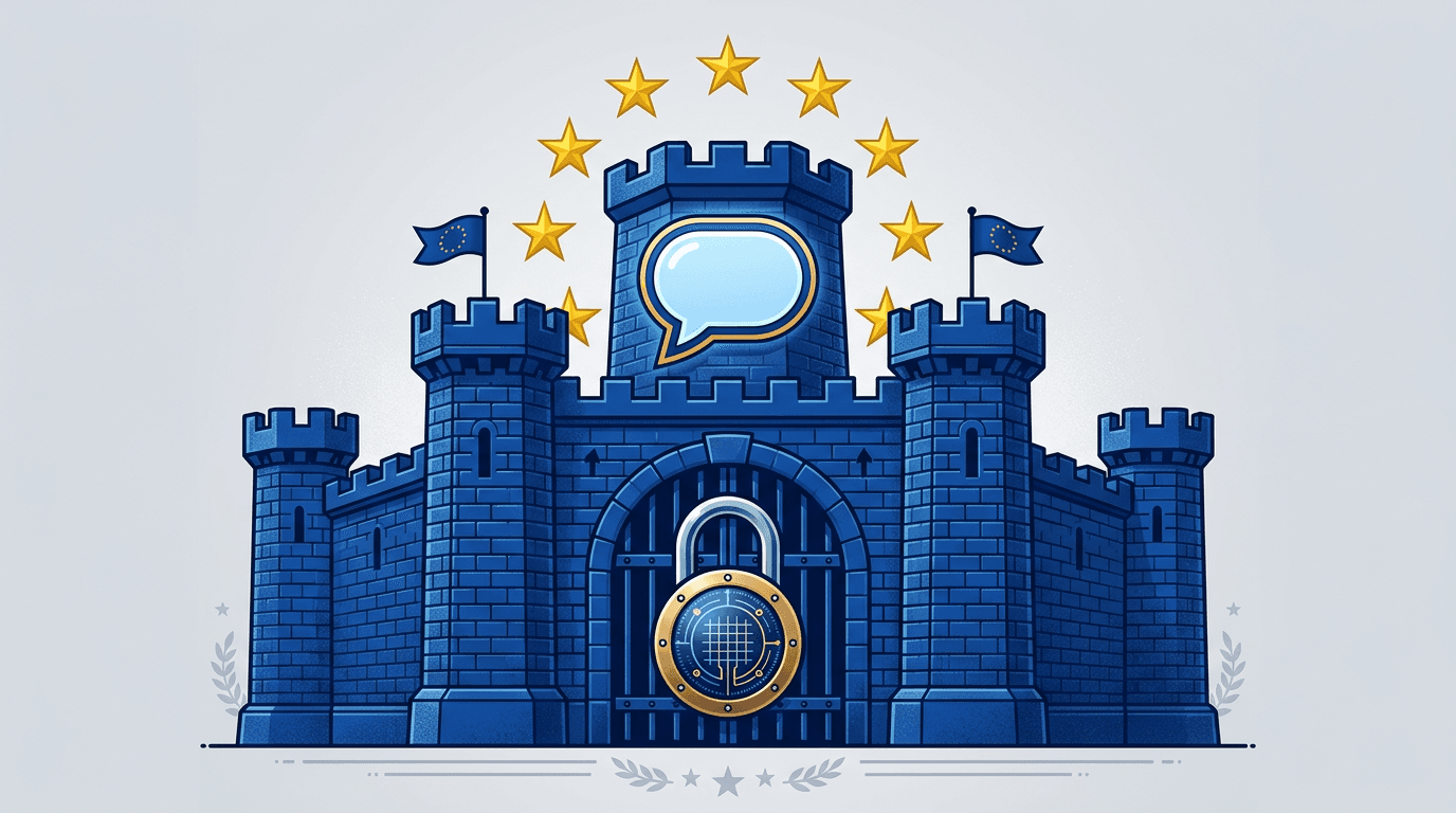 EU flag with data privacy shield and chatbot