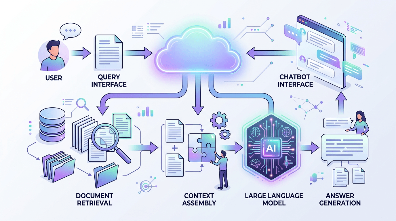 RAG pipeline diagram showing user query, document retrieval, context assembly, and grounded answer generation