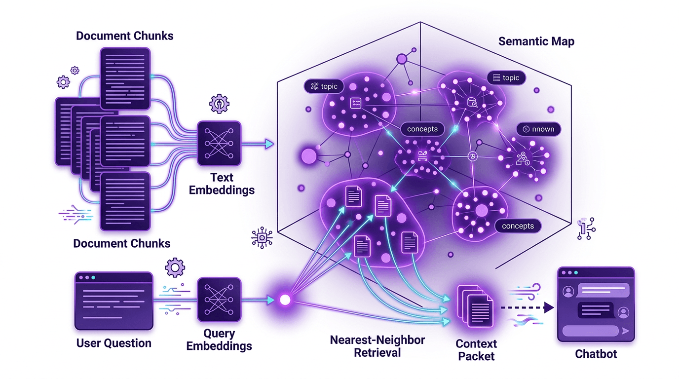 Vector search infographic showing semantic clusters, document chunks, and nearest-neighbor retrieval for a chatbot query