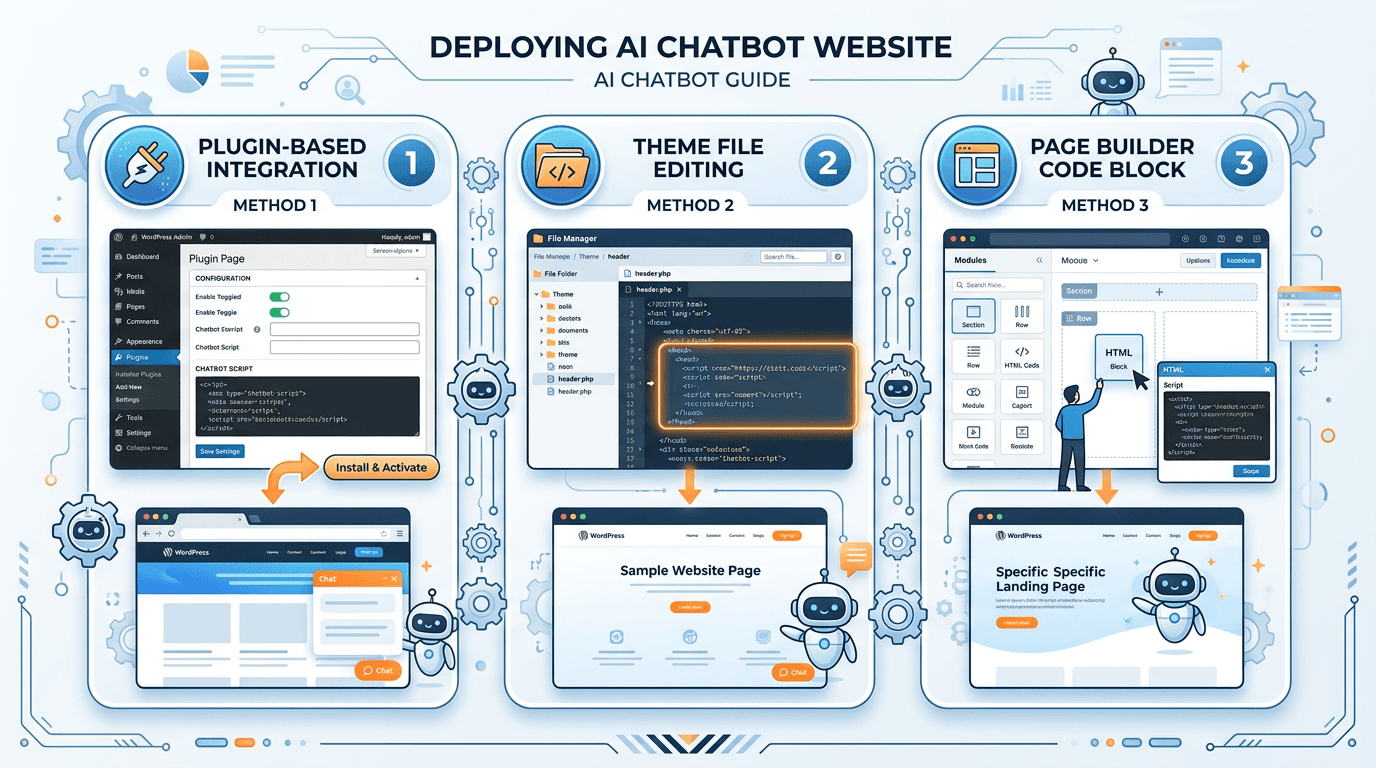 WordPress infographic comparing plugin install, theme file insertion, and page builder embed methods for an AI chatbot