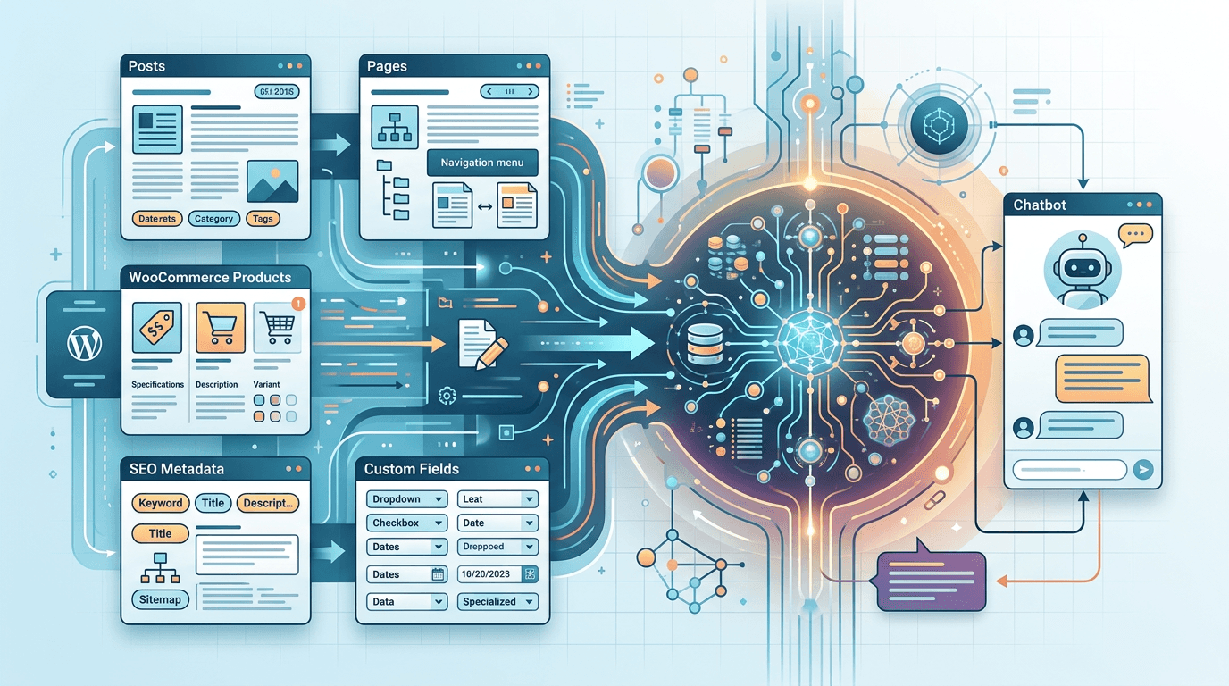 Architecture diagram showing WordPress pages, WooCommerce products, SEO metadata, and custom fields flowing into an AI chatbot layer