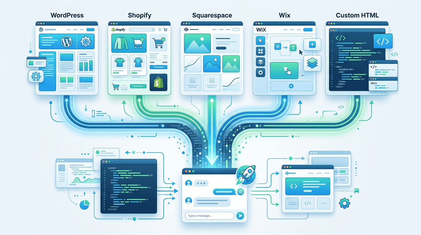 Comparison graphic showing WordPress, Shopify, Squarespace, Wix, and custom HTML installation paths converging on one chatbot widget