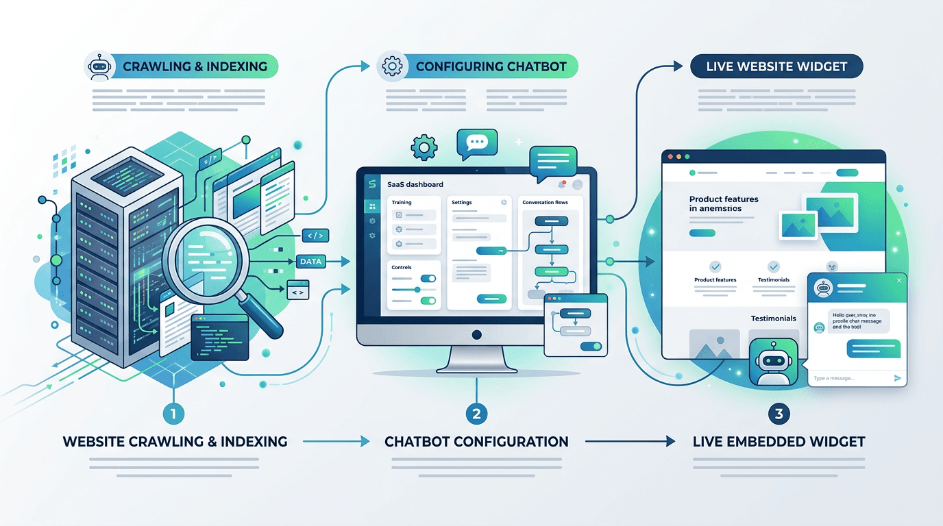 Infographic showing website crawl, chatbot configuration, and embed script going live on a website