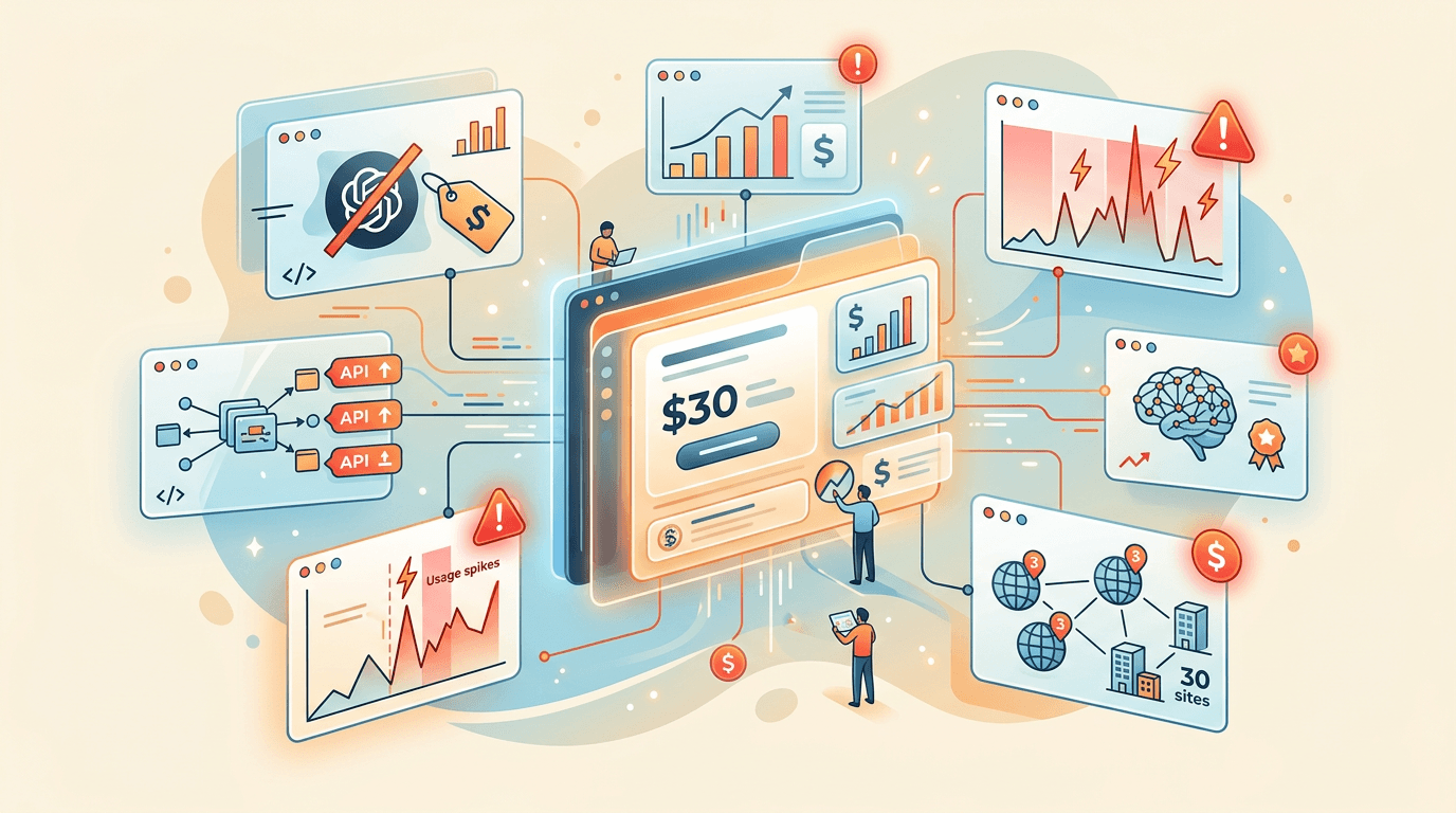 Dashboard-style infographic showing branding fees, API key costs, overages, premium model surcharges, and multi-site fees