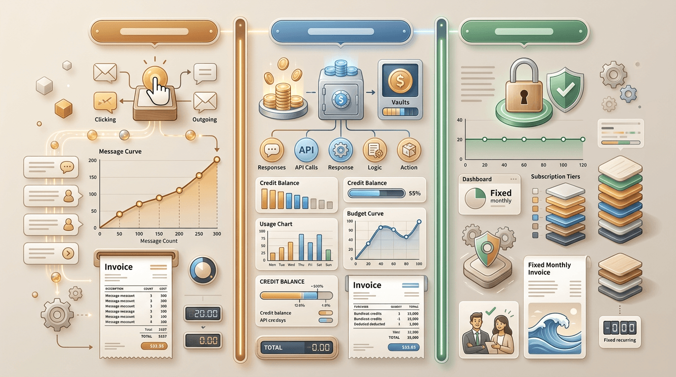 Pricing infographic comparing per-message, per-credit, and flat-rate chatbot billing models