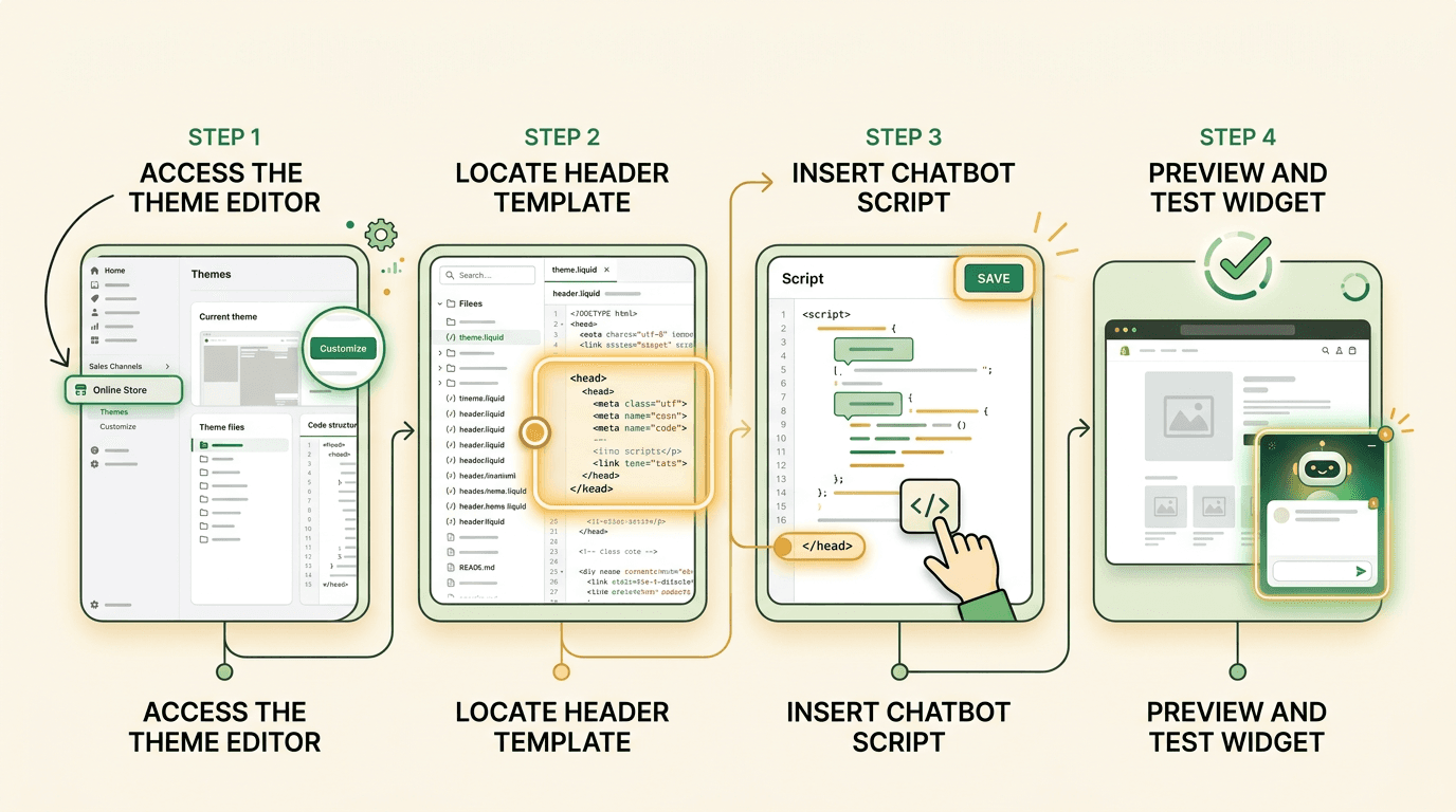 Step-by-step Shopify theme installation graphic with a code snippet and storefront preview