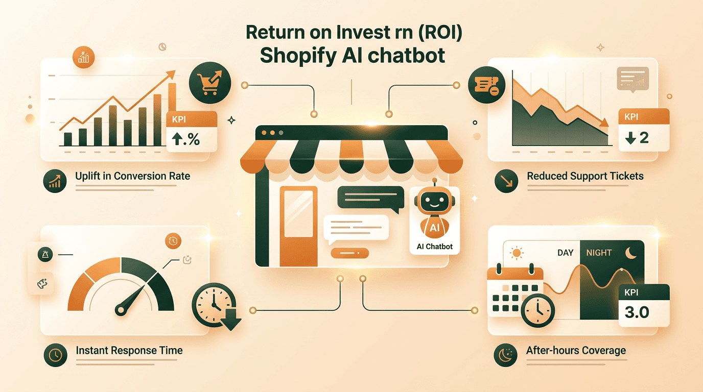 ROI dashboard graphic showing conversion lift, lower ticket volume, faster response time, and after-hours engagement