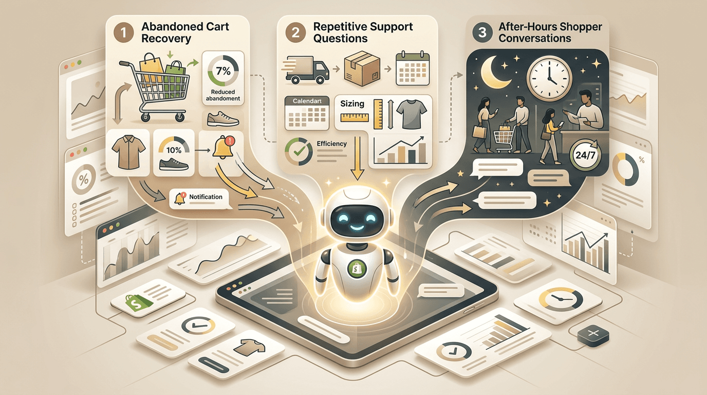 Infographic showing abandoned carts, repetitive support tickets, and after-hours shoppers being handled by an AI chatbot