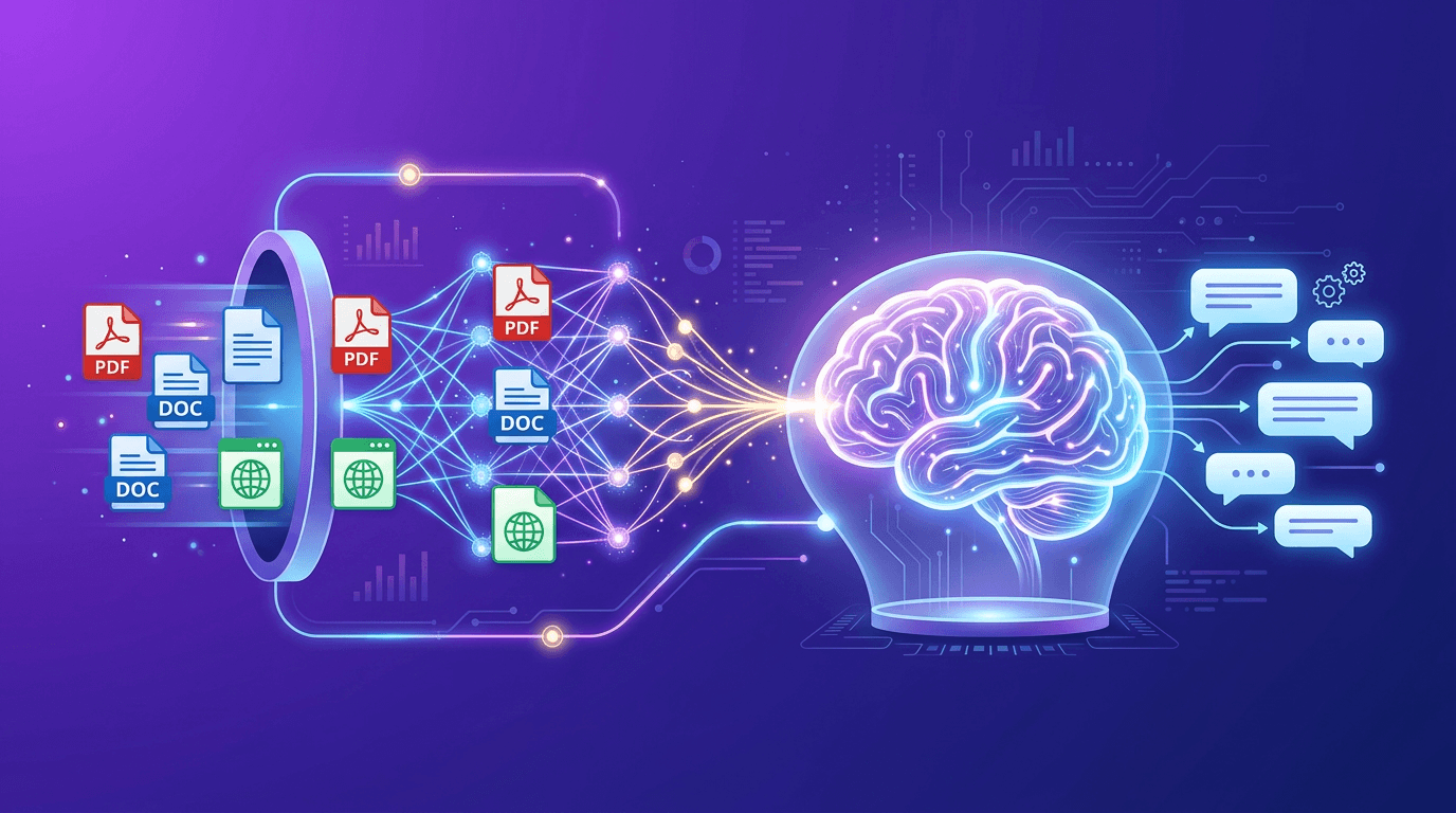 Documents flowing into a chatbot brain illustration
